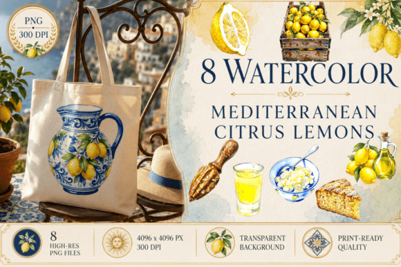 Download Mediterranean Citrus Watercolor Lemons - Citrus Collection